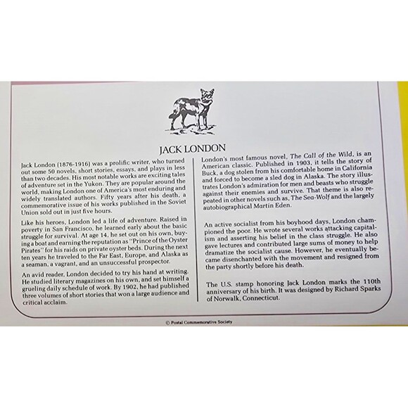 American AUTHOR JACK LONDON THE CALL OF THE WILD 1986  FDC - Picture 2 of 3